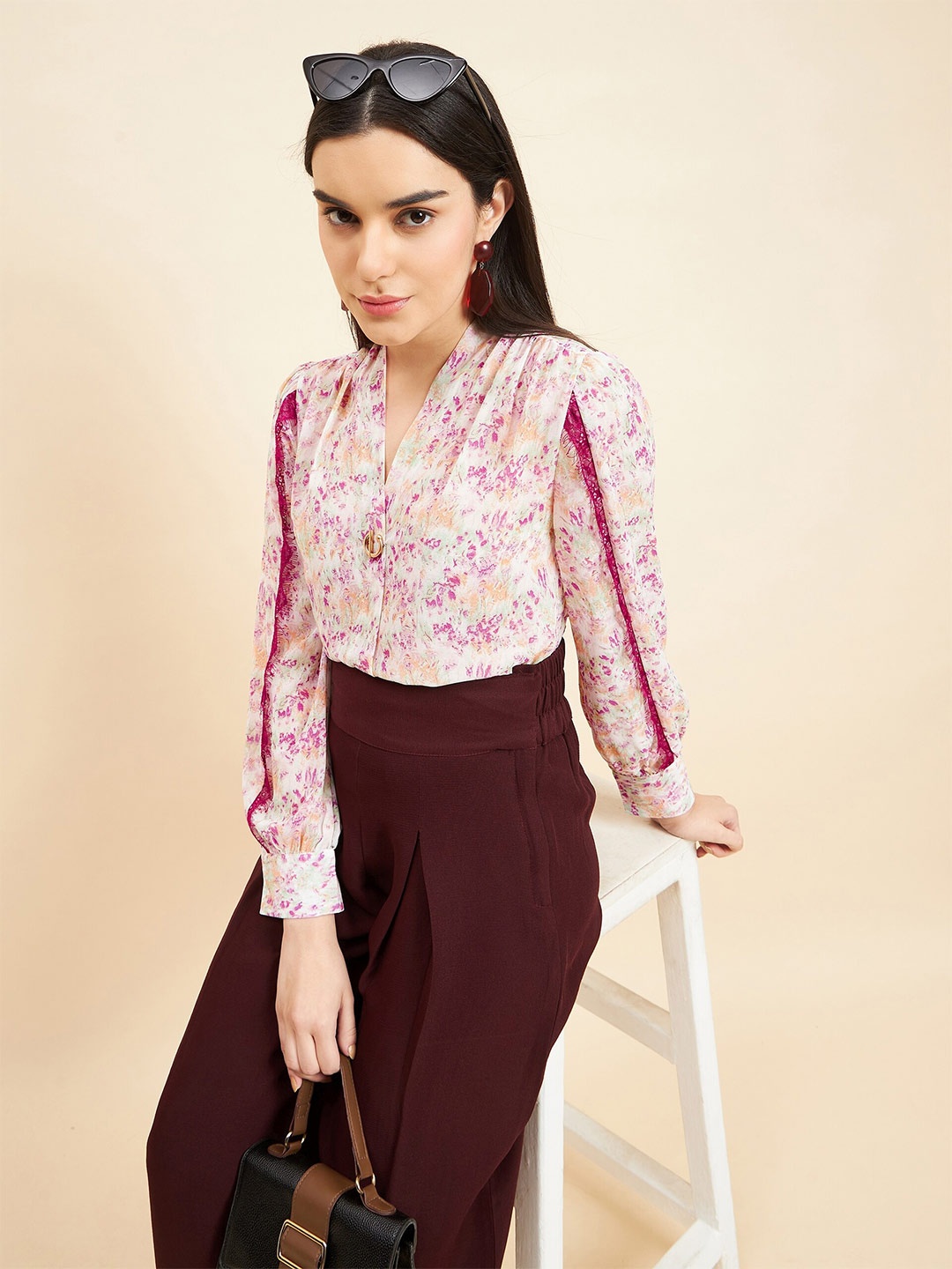 

Gipsy Floral Printed Mandarin Collar Shirt Style Top, Pink