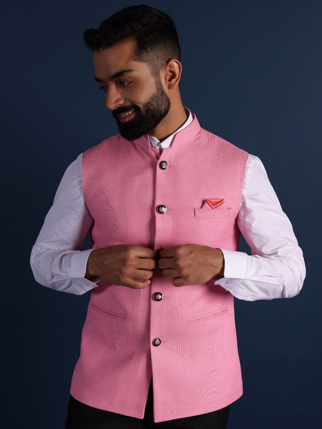 

Lightpole Woven Design Nehru Jackets, Pink