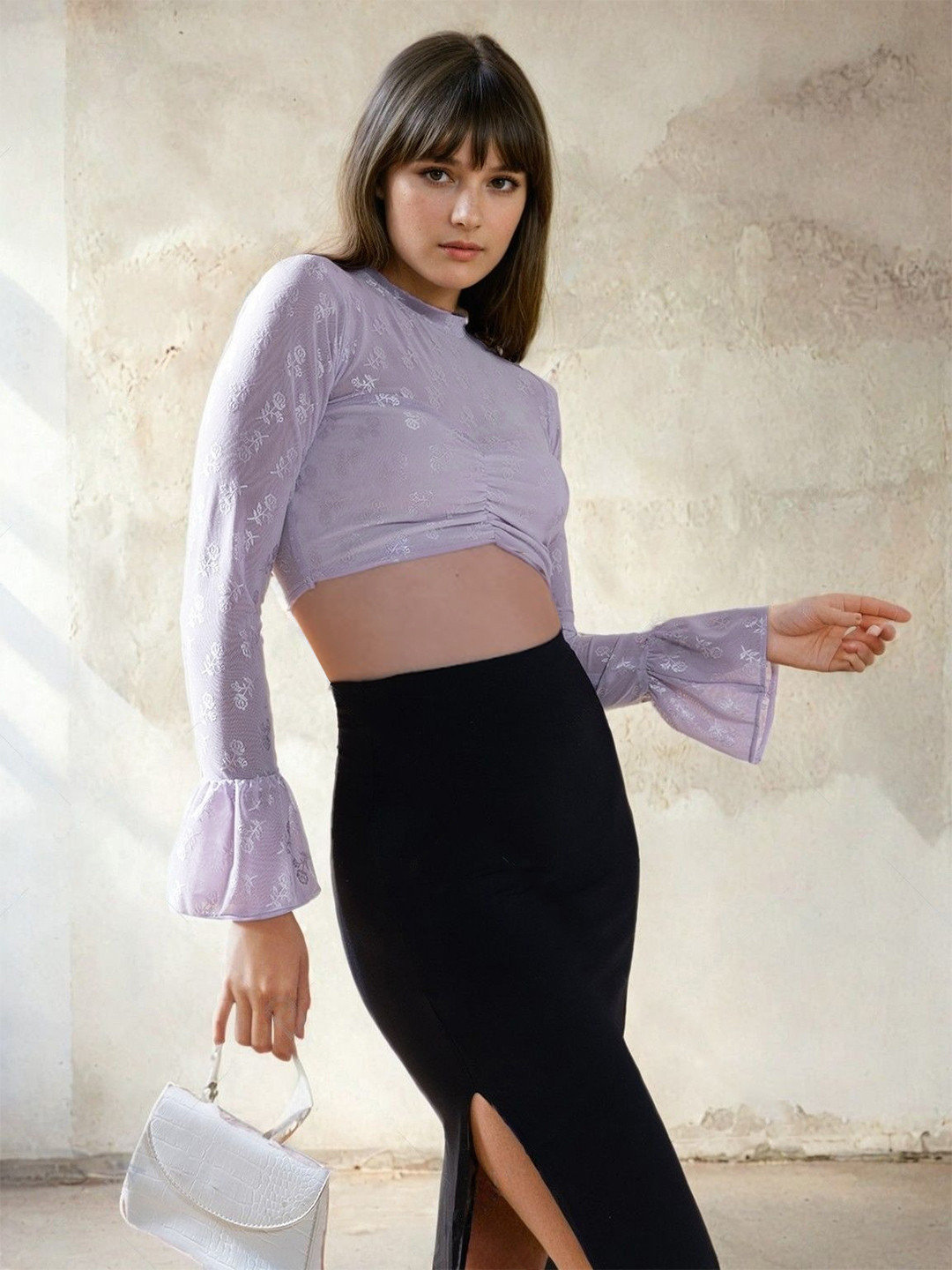 

Stylecast X Hersheinbox Floral Print Bell Sleeve Crop Top, Lavender