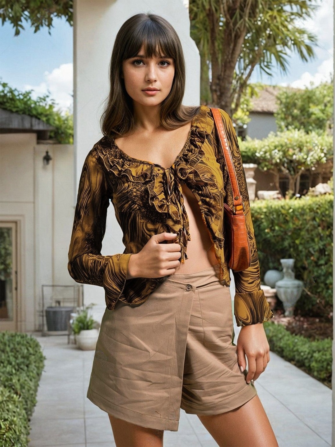 

Stylecast X Hersheinbox Printed Tie-Up Bell Sleeve Ruffled Top, Brown