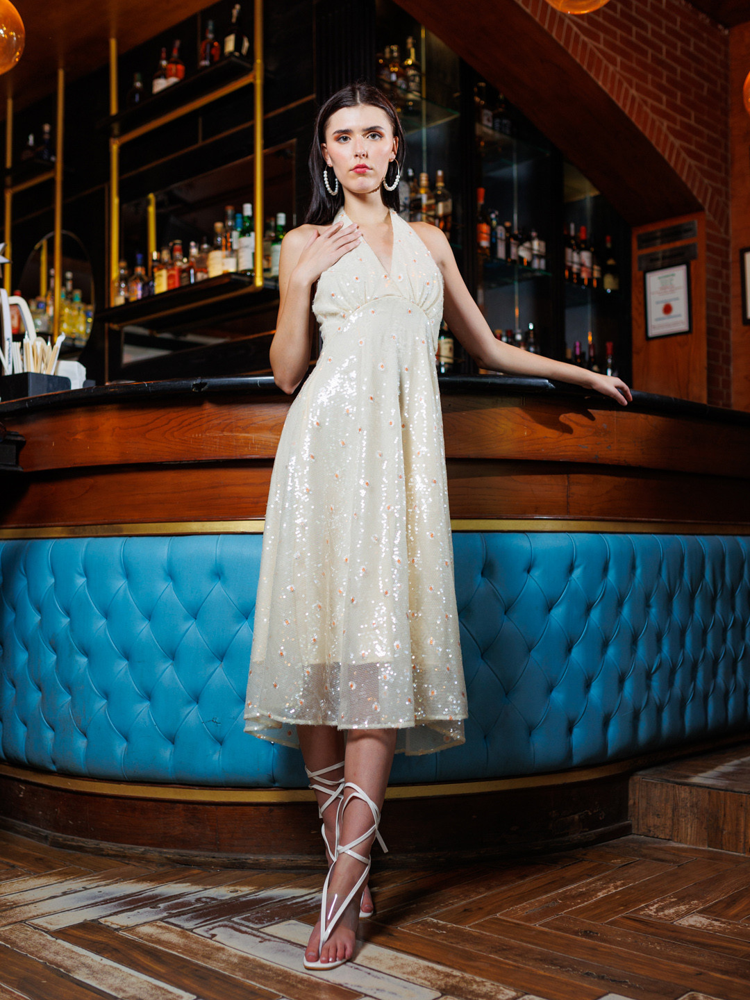 

Stylecast X Hersheinbox Floral Halter Neck Sequined A-Line Midi Dress, Cream
