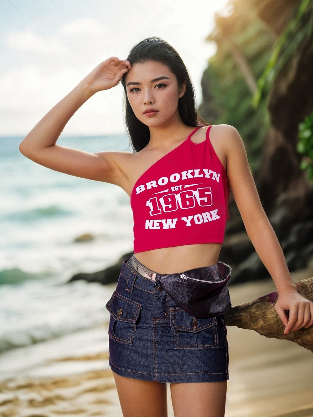

Stylecast X Hersheinbox Printed One Shoulder Cotton Crop Top, Magenta