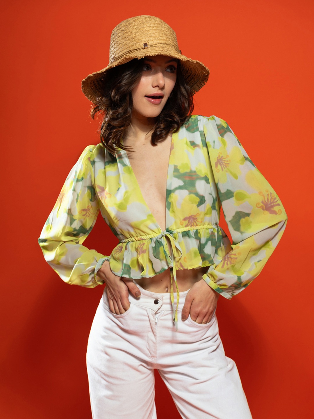 

Stylecast X Hersheinbox Print Puff Sleeve Cinched Waist Crop Top, Green