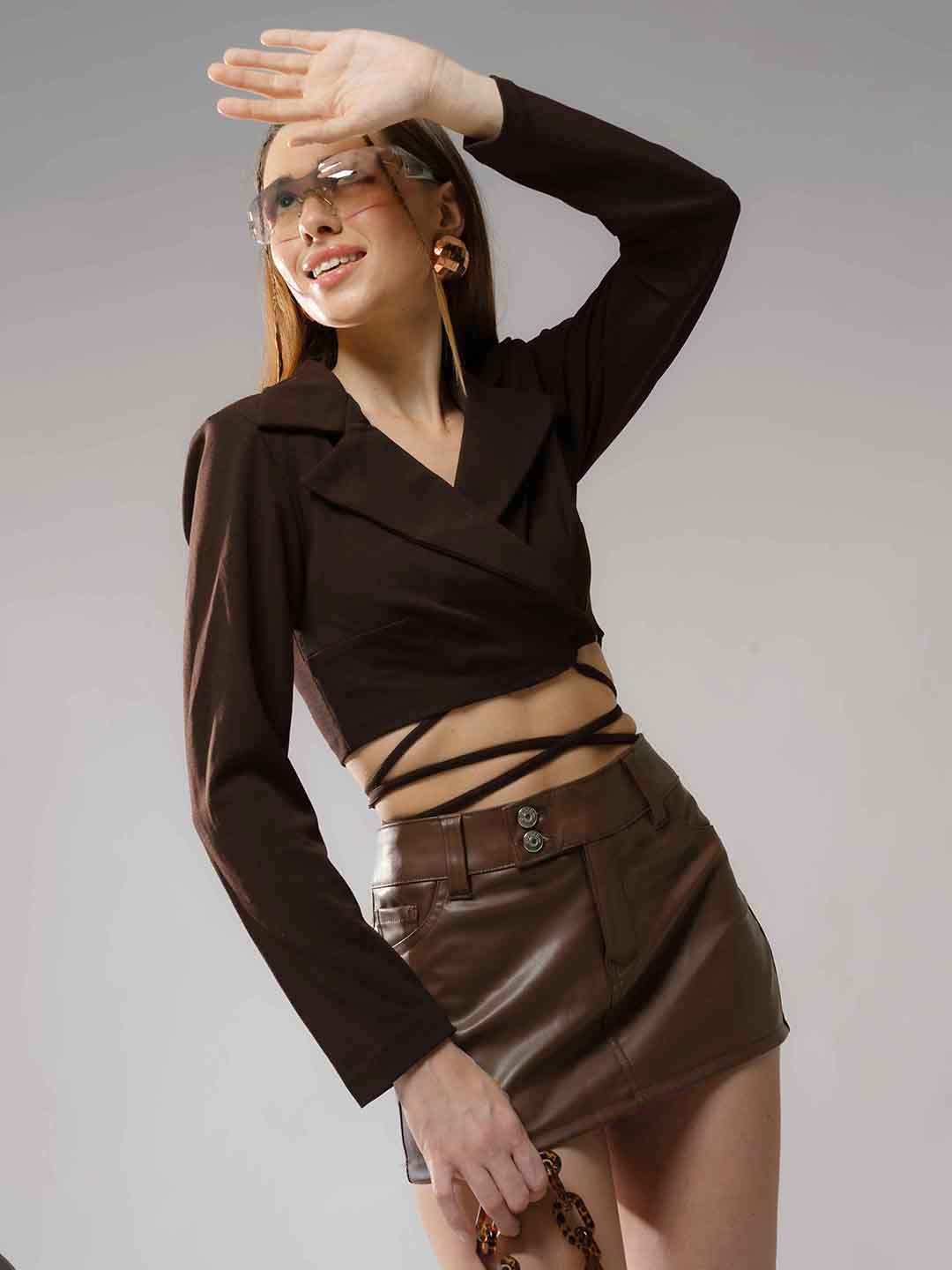 

Stylecast X Hersheinbox Waist Tie-Up Blazer Style Crop Top, Brown