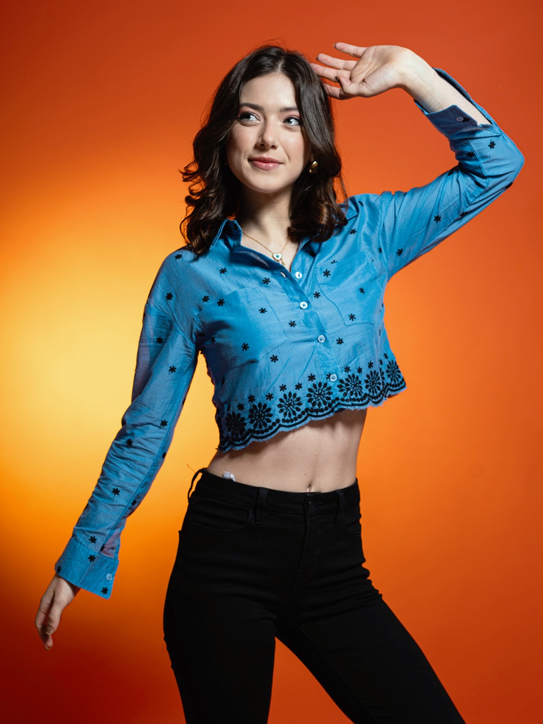 

Stylecast X Hersheinbox Boxy Floral Embroidered Casual Shirt, Blue