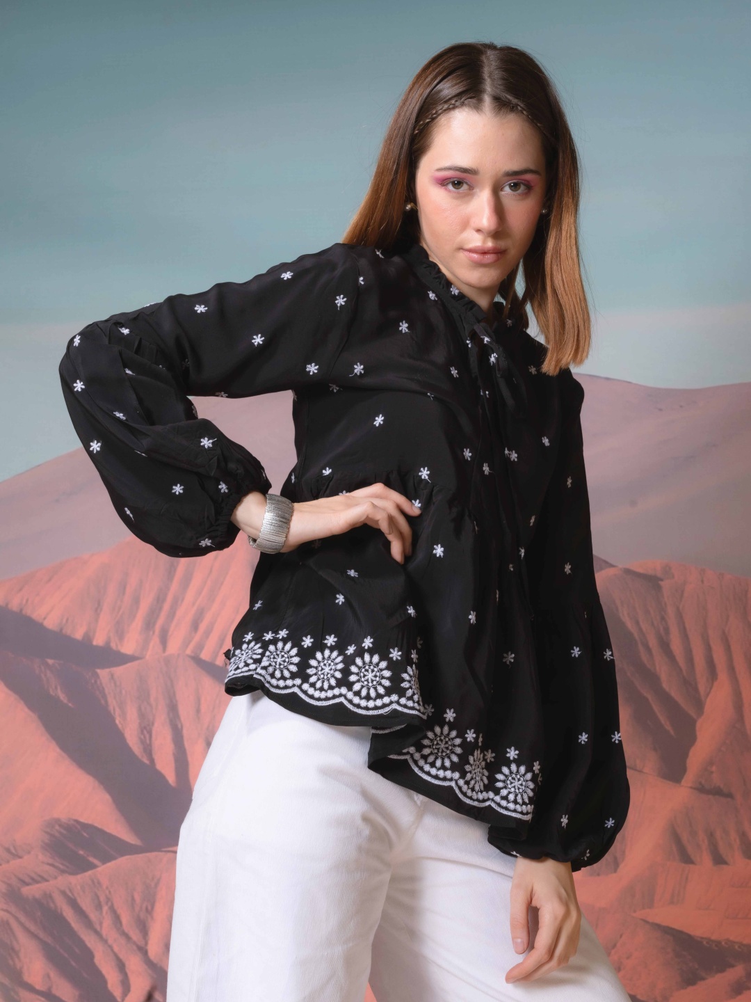 

Stylecast X Hersheinbox Floral Embroidered Tie-Up Neck Top, Black