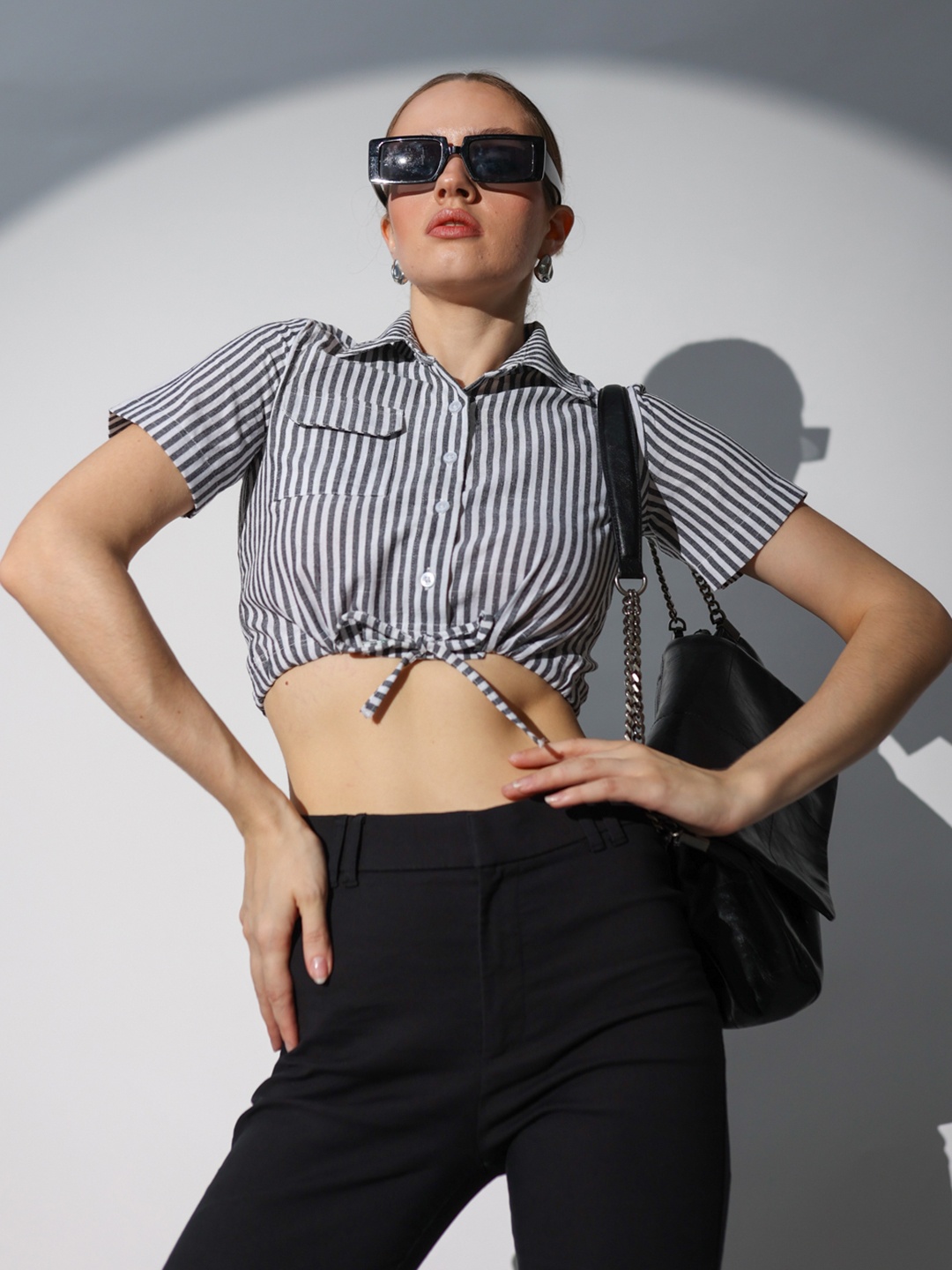 

Stylecast X Hersheinbox Striped Crop Shirt, Black