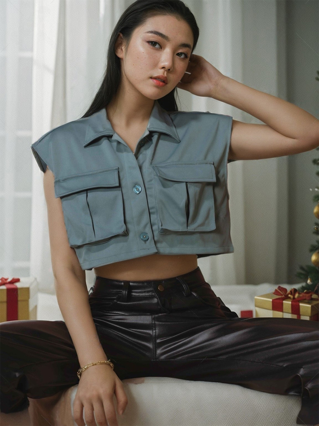 

Stylecast X Hersheinbox Shirt Style Crop Top with Flap Pockets, Olive