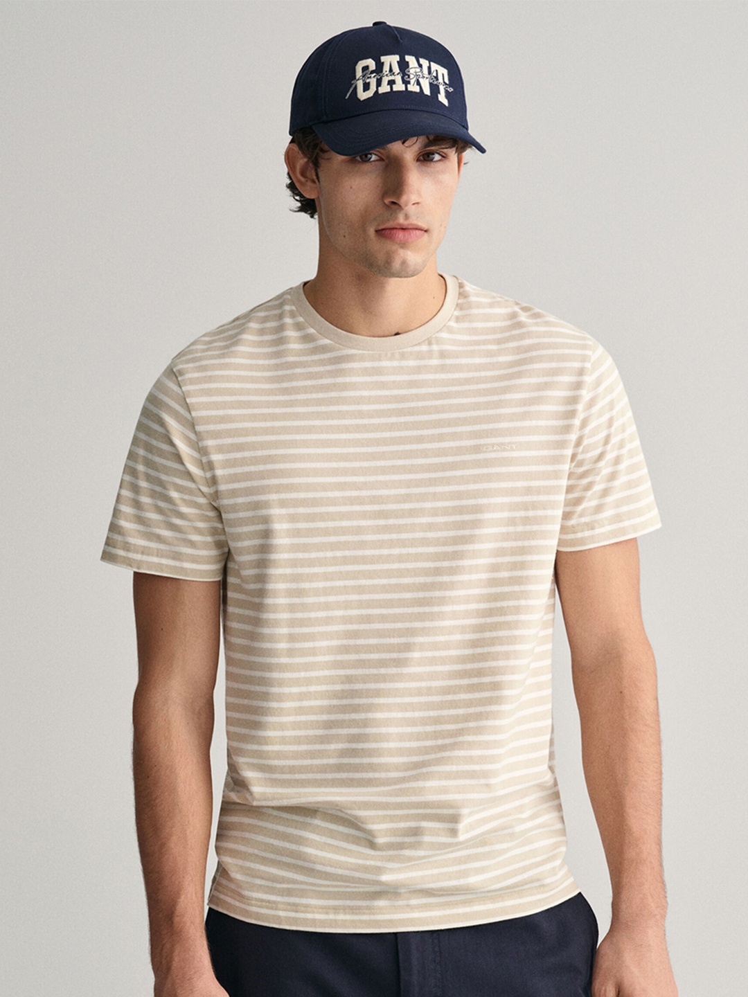 

GANT Striped Cotton Round Neck Short Sleeves Pockets Casual T-shirt, Beige