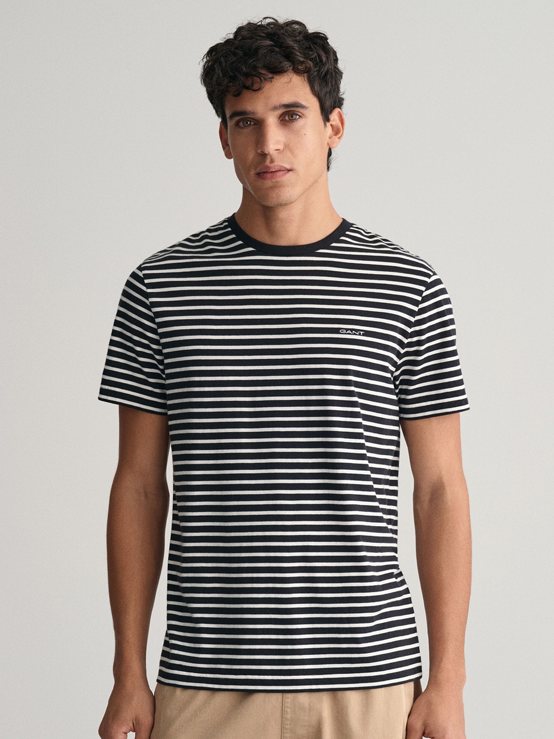 

Gant Men Striped Round Neck Short Sleeves T-Shirt, Black