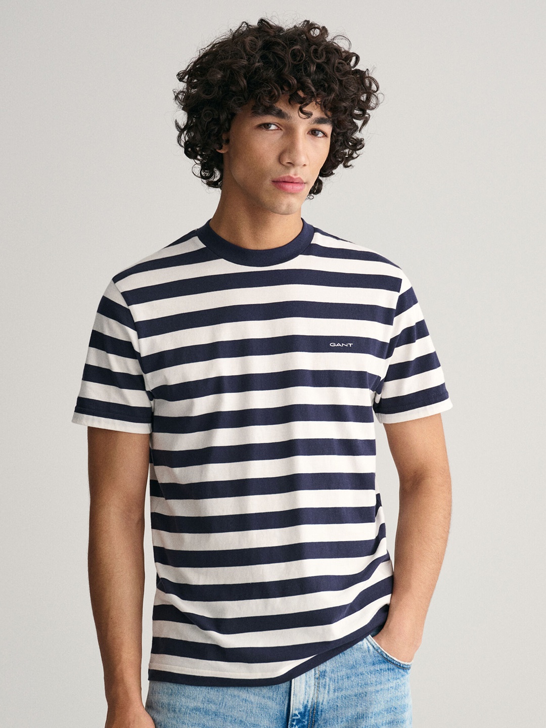 

GANT Striped Cotton Round Neck Short Sleeves Pockets Casual T-shirt, Blue