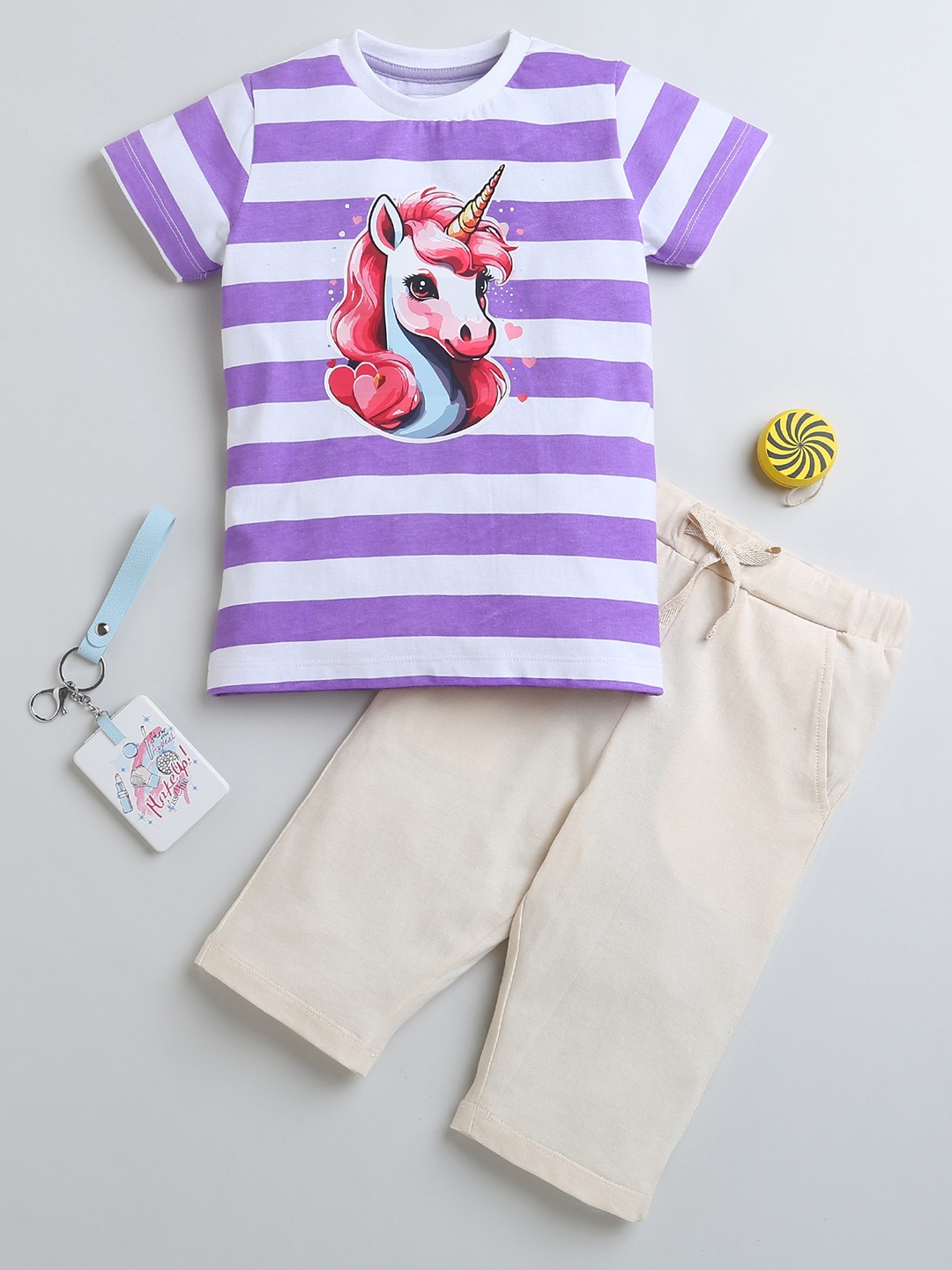 

BUMZEE Girls Striped Pure Cotton Night Suit, Purple