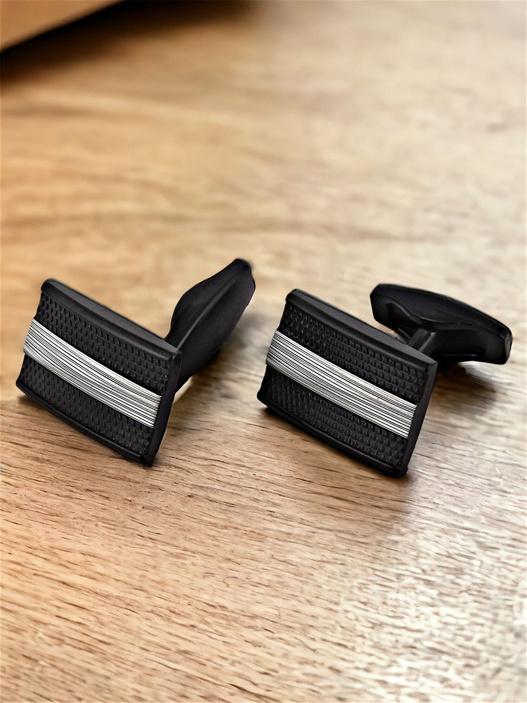 

LUCKY JEWELLERY Silver Plated Textured Rectangle Blazer Cufflinks, Black