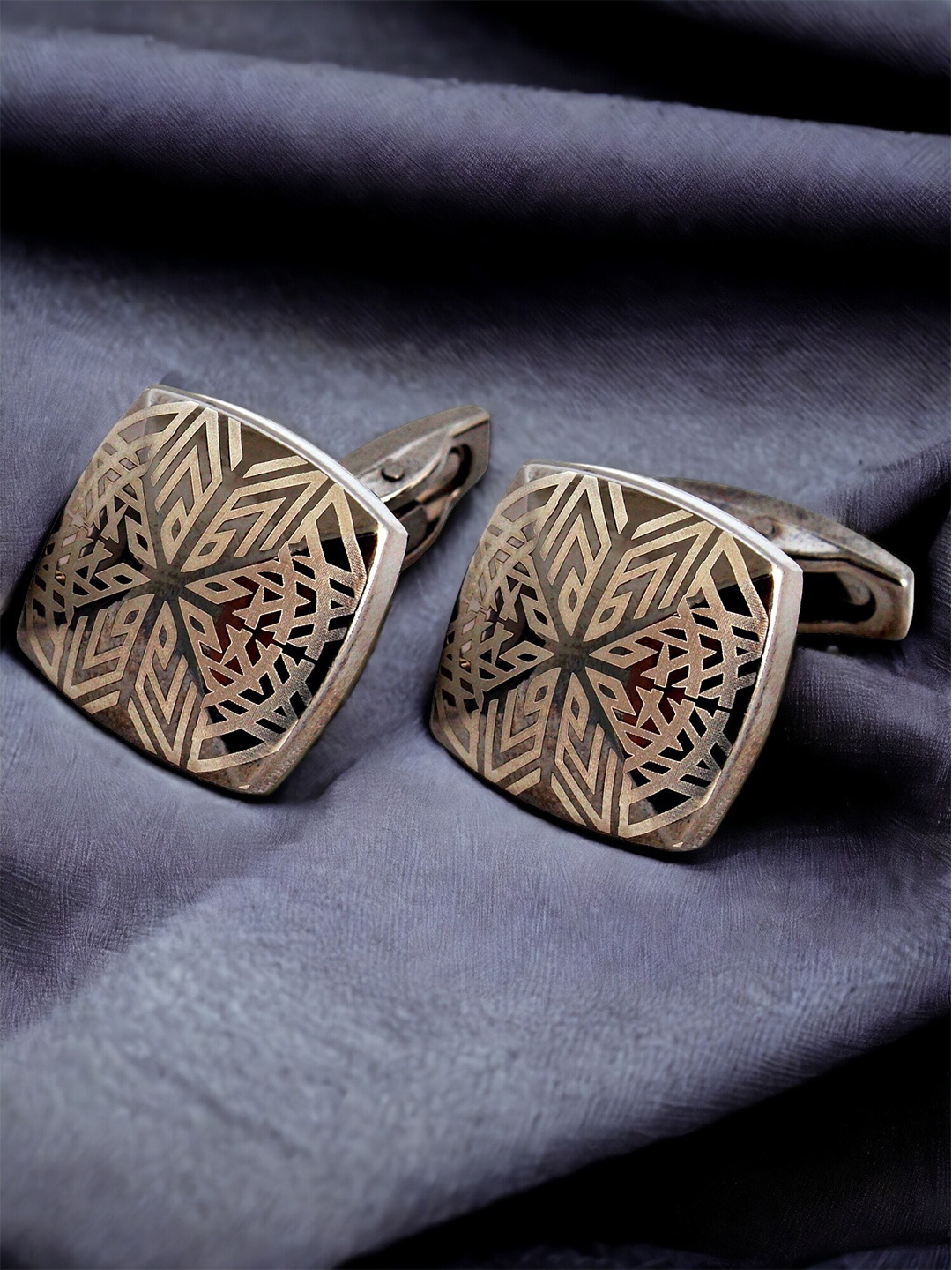 

LUCKY JEWELLERY Silver Plated Textured Geometric Blazer Cufflinks, Black