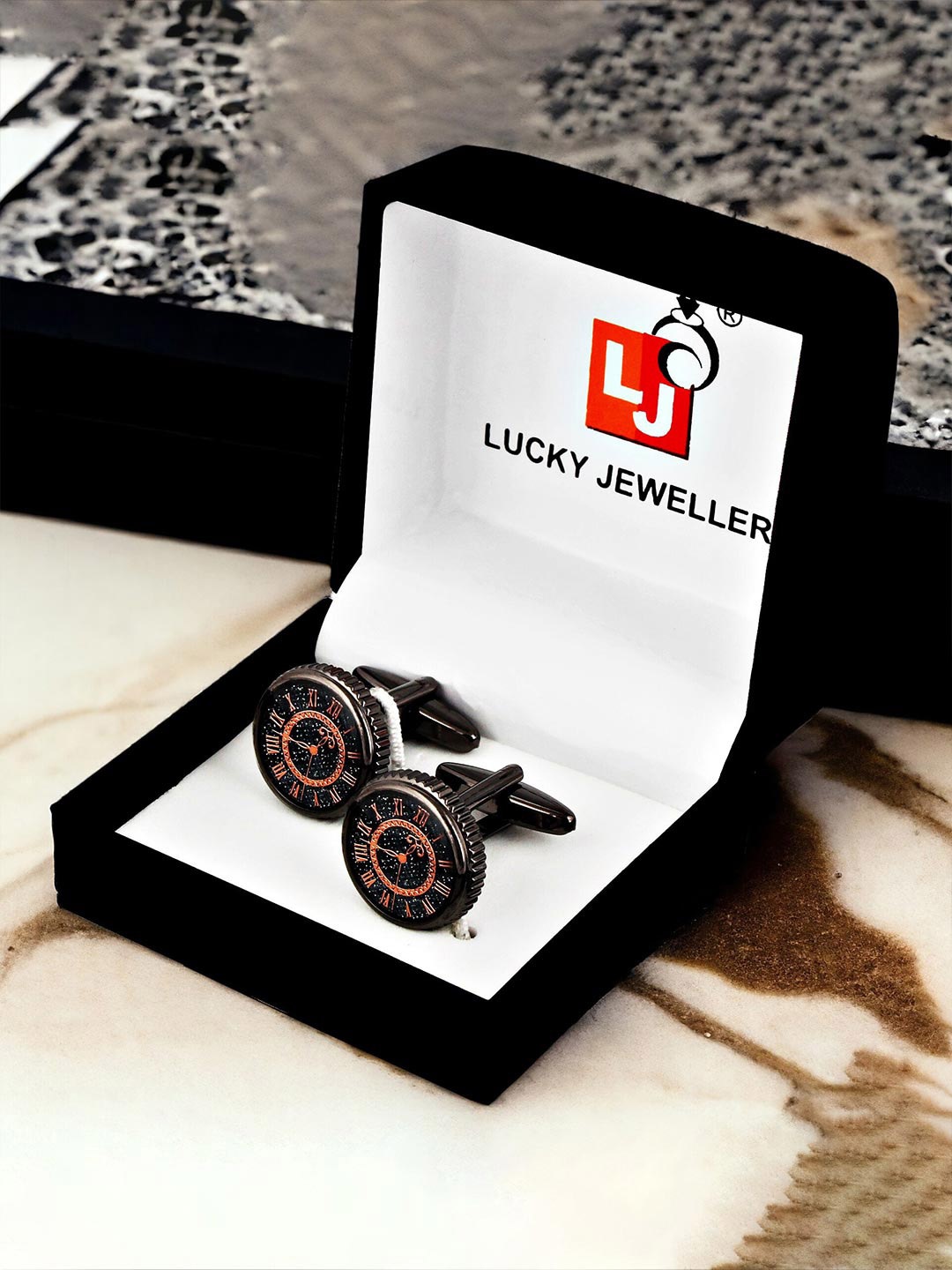 

LUCKY JEWELLERY Silver Plated Printed Round Blazer Cufflinks, Black