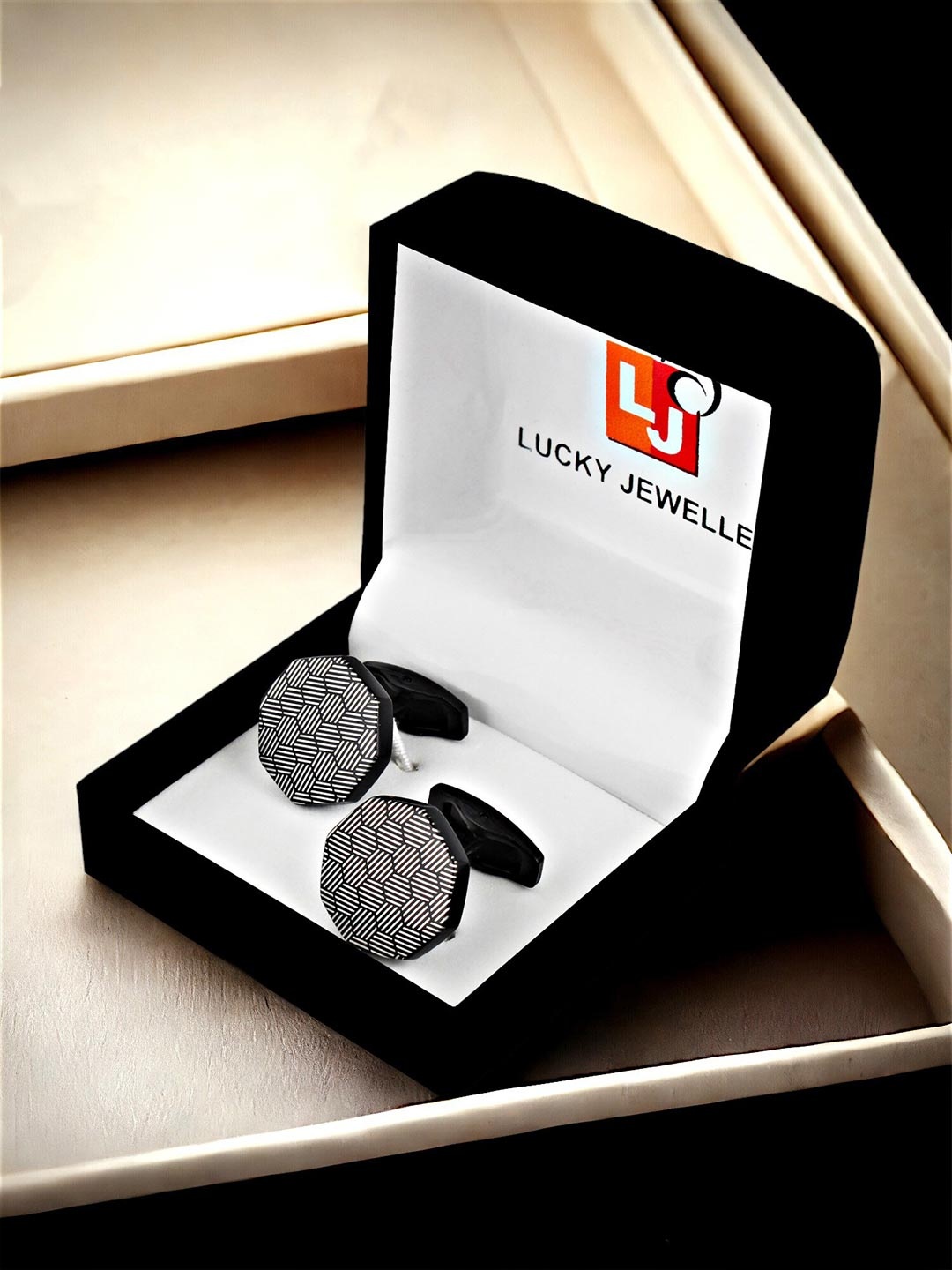 

LUCKY JEWELLERY Silver Plated Printed Geometric Blazer Cufflinks, Black