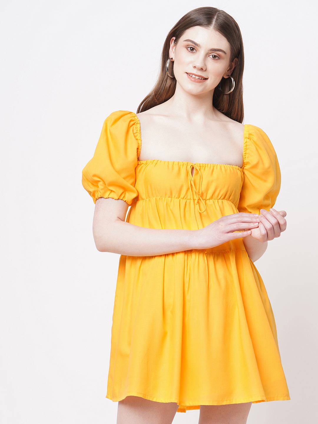

Ashtag Puff Sleeve Fit & Flare Dress, Yellow