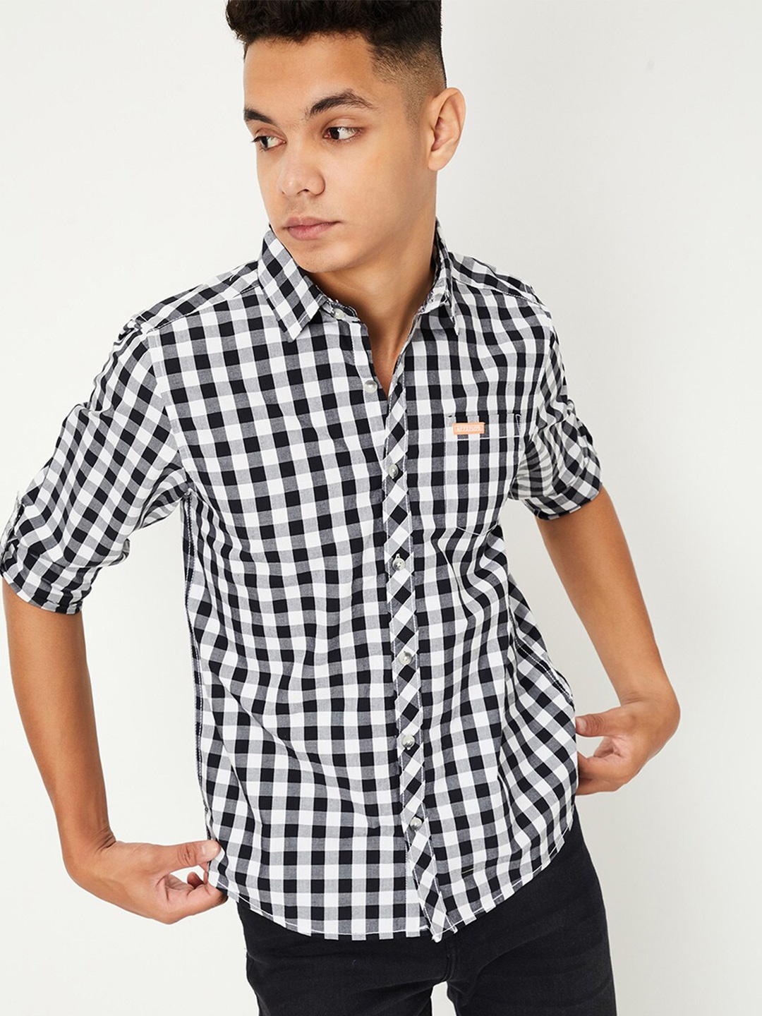 

max Boys Gingham Checked Pure Cotton Casual Shirt, Black