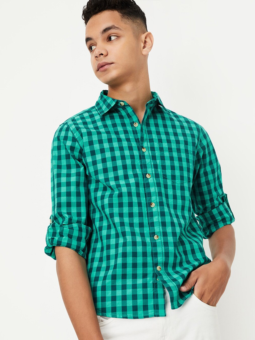 

max Boys Gingham Checked Pure Cotton Casual Shirt, Green