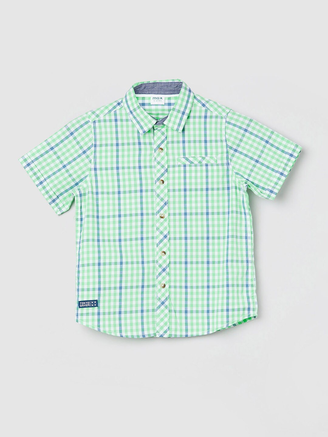 

max Boys Checked Spread Collar Pure Cotton Casual Shirt, Green