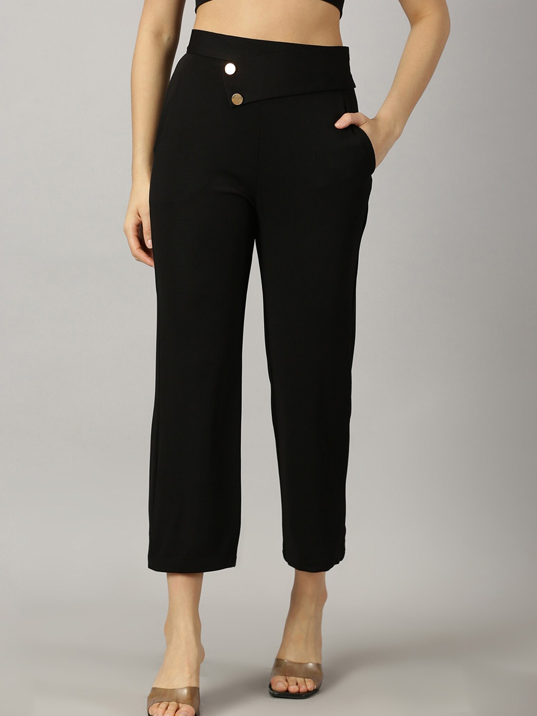 

GESPO Women Relaxed Fit High-Rise Trousers, Black