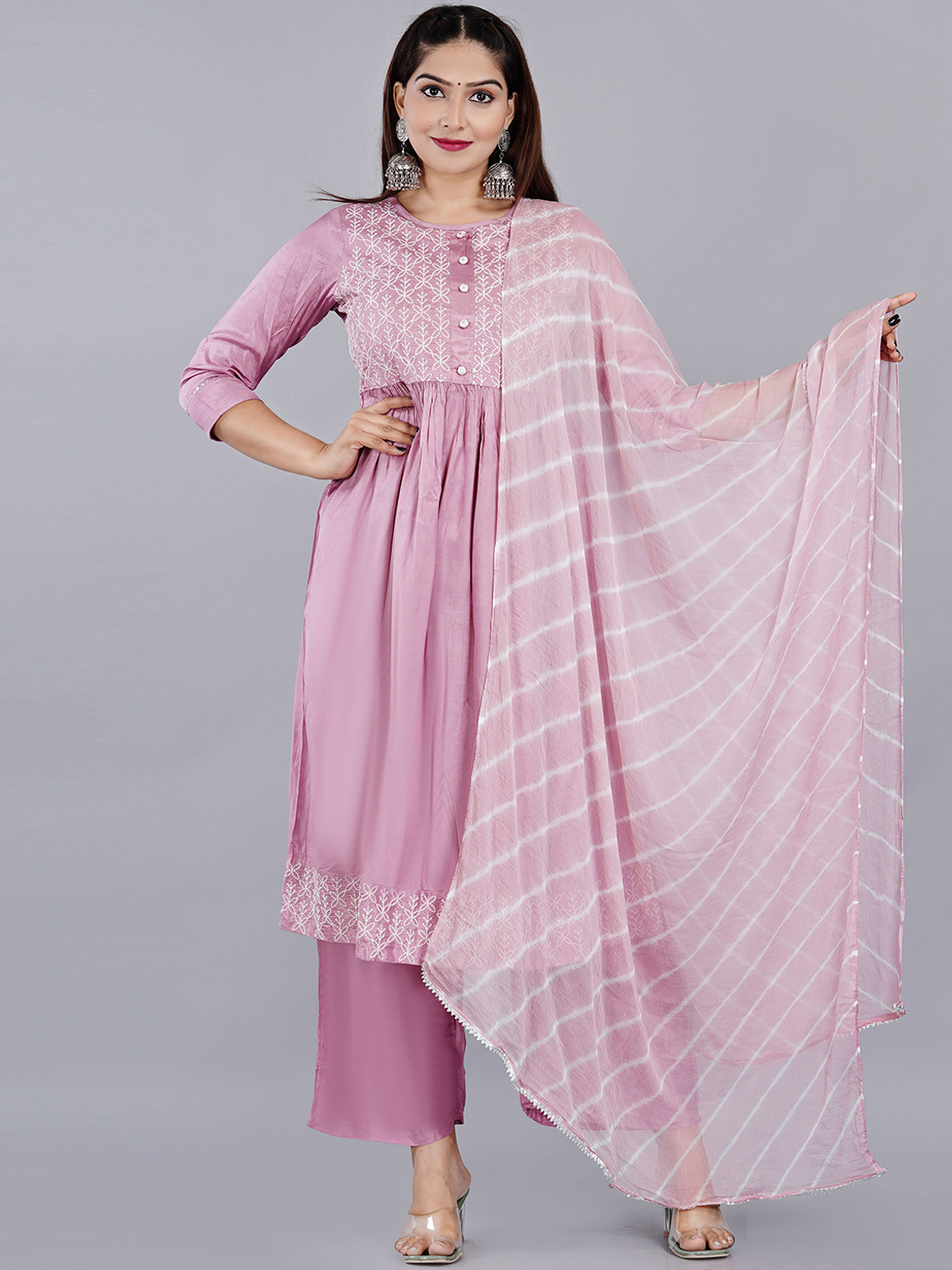 

SIDDHANAM Ethnic Motifs Embroidered Empire Thread Work Kurta Set, Rose