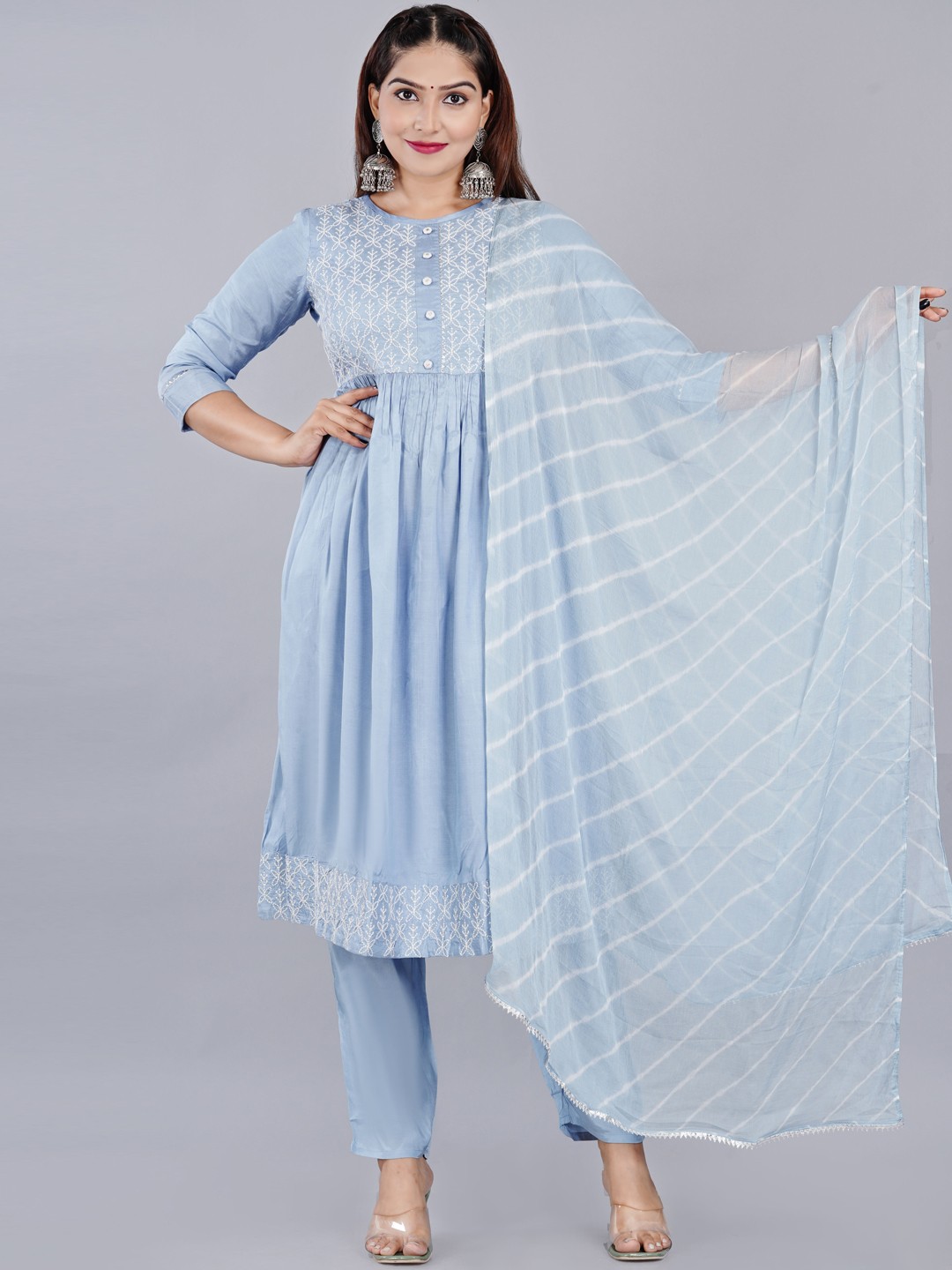 

SIDDHANAM Ethnic Motifs Embroidered Empire Anarkali Kurta with Trousers & With Dupatta, Blue