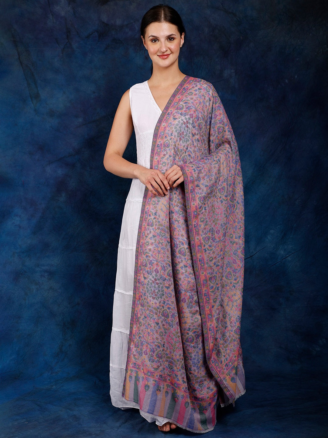 

Exotic India Evening Haze Kani Jamawar Flowers Woven in Multicolor Thread Shawl, Purple