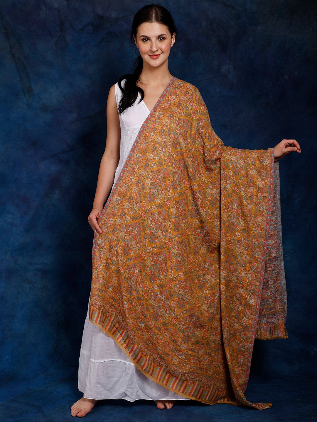 

Exotic India Honey Yellow Fine-Wool Jamawar Kani Woven Multicolor Flowers Shawl