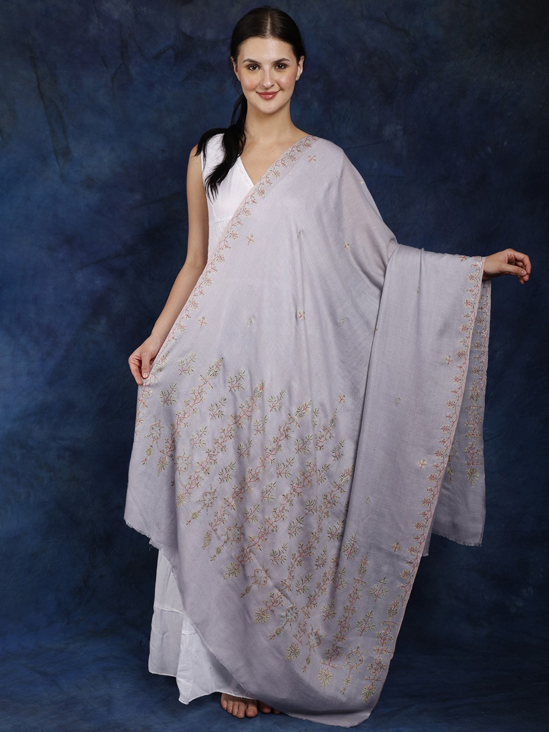 

Exotic India Floral Embroidered Pashmina Shawl, Blue