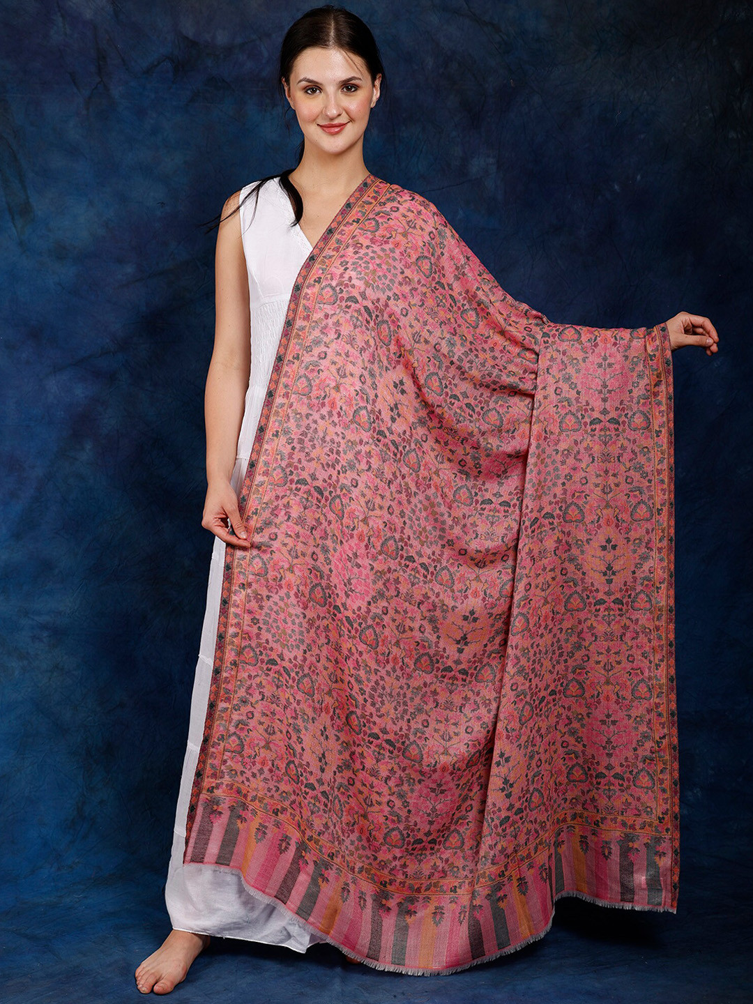 

Exotic India Lilac Sachet Kani Jamawar Flowers Woven in Multicolor Thread Shawl, Pink