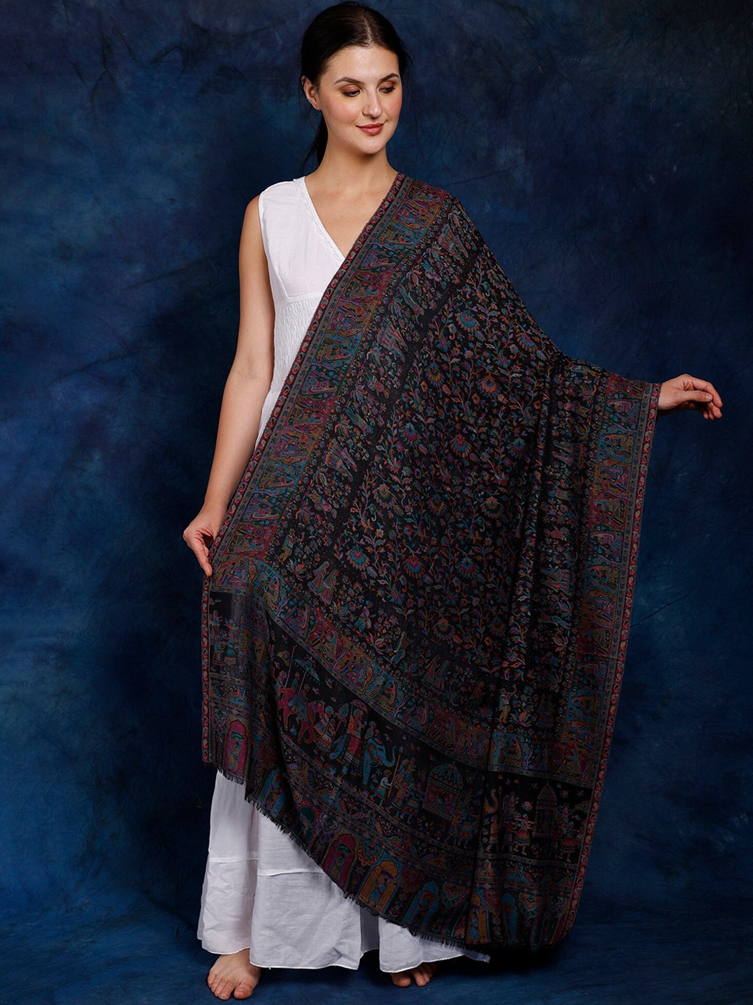 

Exotic India Black Oyster Woven Mughal Procession Kani Jamawar Shawl