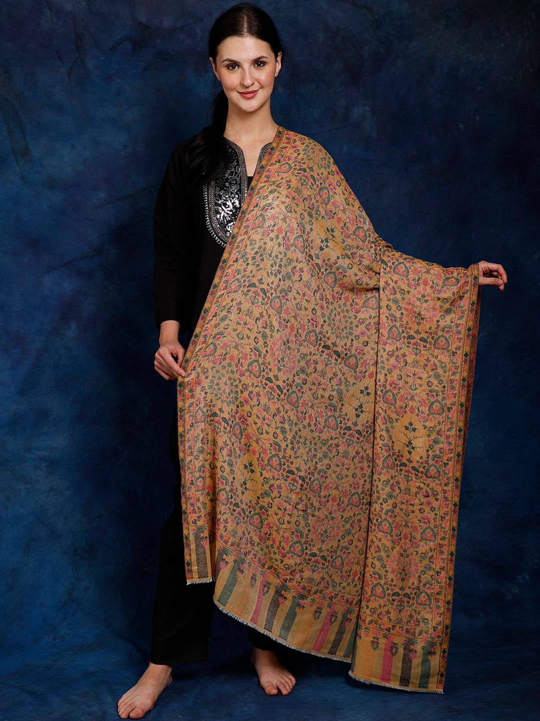 

Exotic India Buff Yellow Kani Jamawar Flowers Woven in Multicolor Thread Shawl