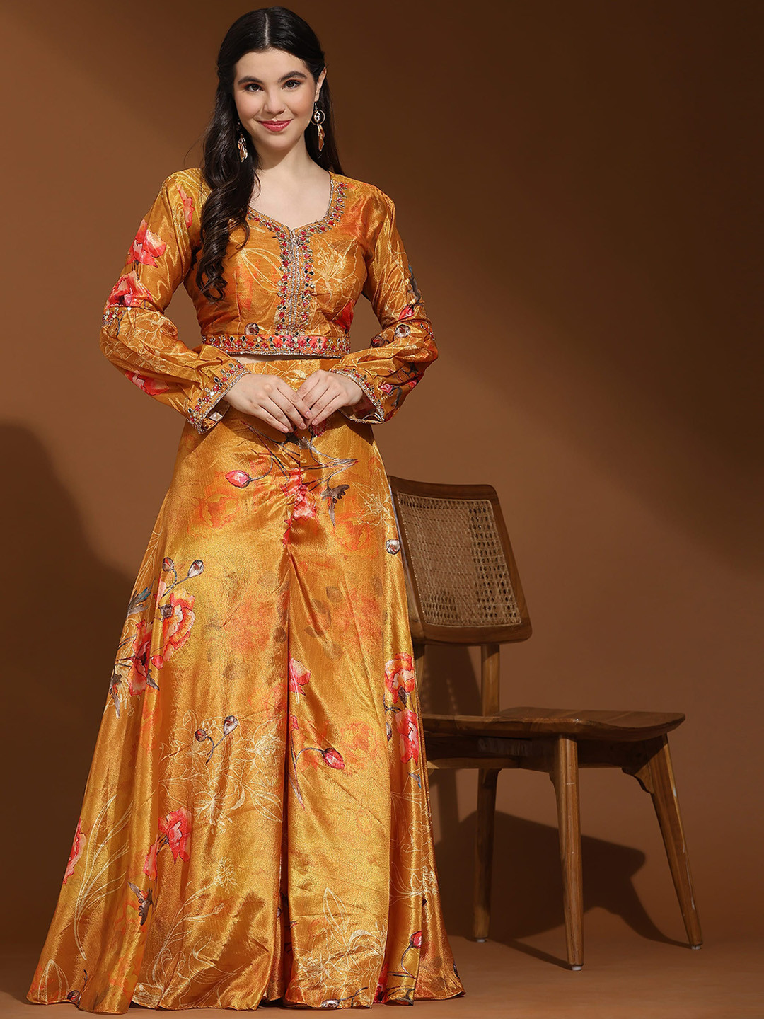 

AMOHA TRENDZ Embroidered Top With Palazzo Co-Ords, Mustard