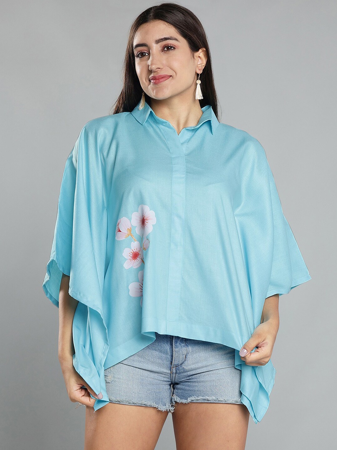 

LetsDressUp Floral Printed Extended Sleeves Shirt Style Top, Blue