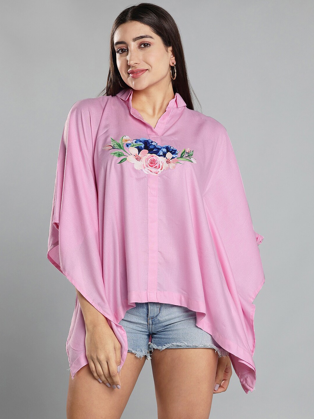 

LetsDressUp Shirt Collar Flared Sleeve Shirt Style Kaftan Top, Pink