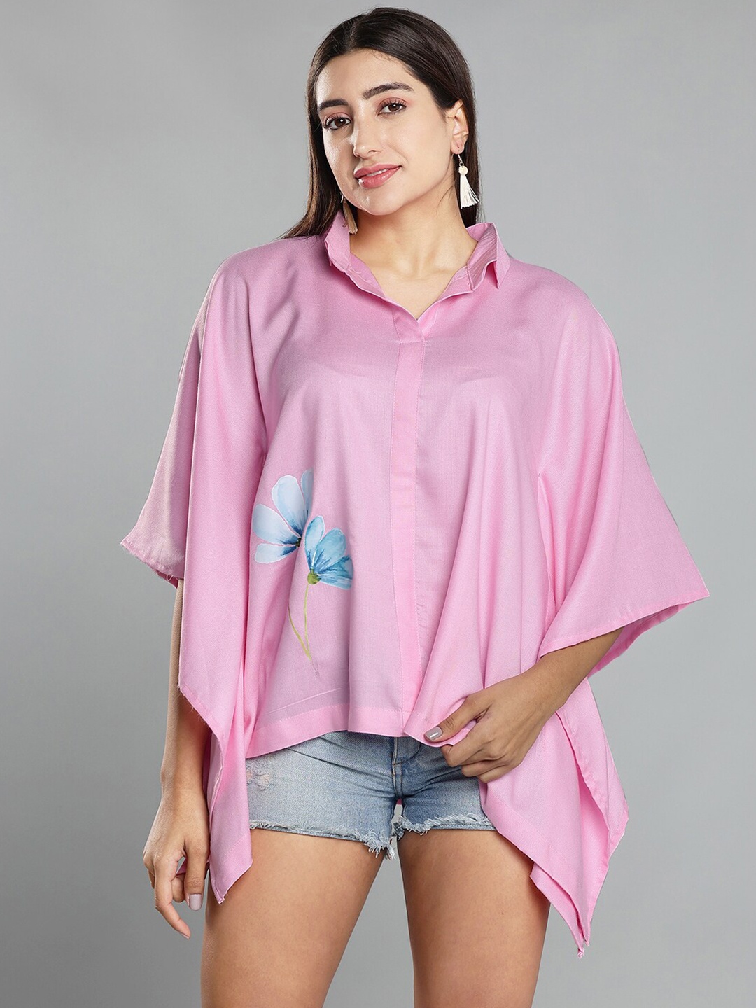 

LetsDressUp Shirt Collar Flared Sleeve Shirt Style Kaftan Top, Pink