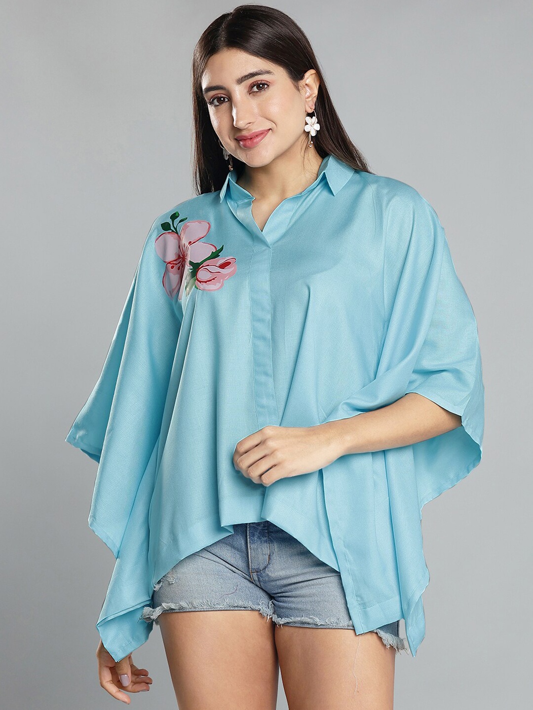 

LetsDressUp Shirt Collar Flared Sleeve Shirt Style Kaftan Top, Blue