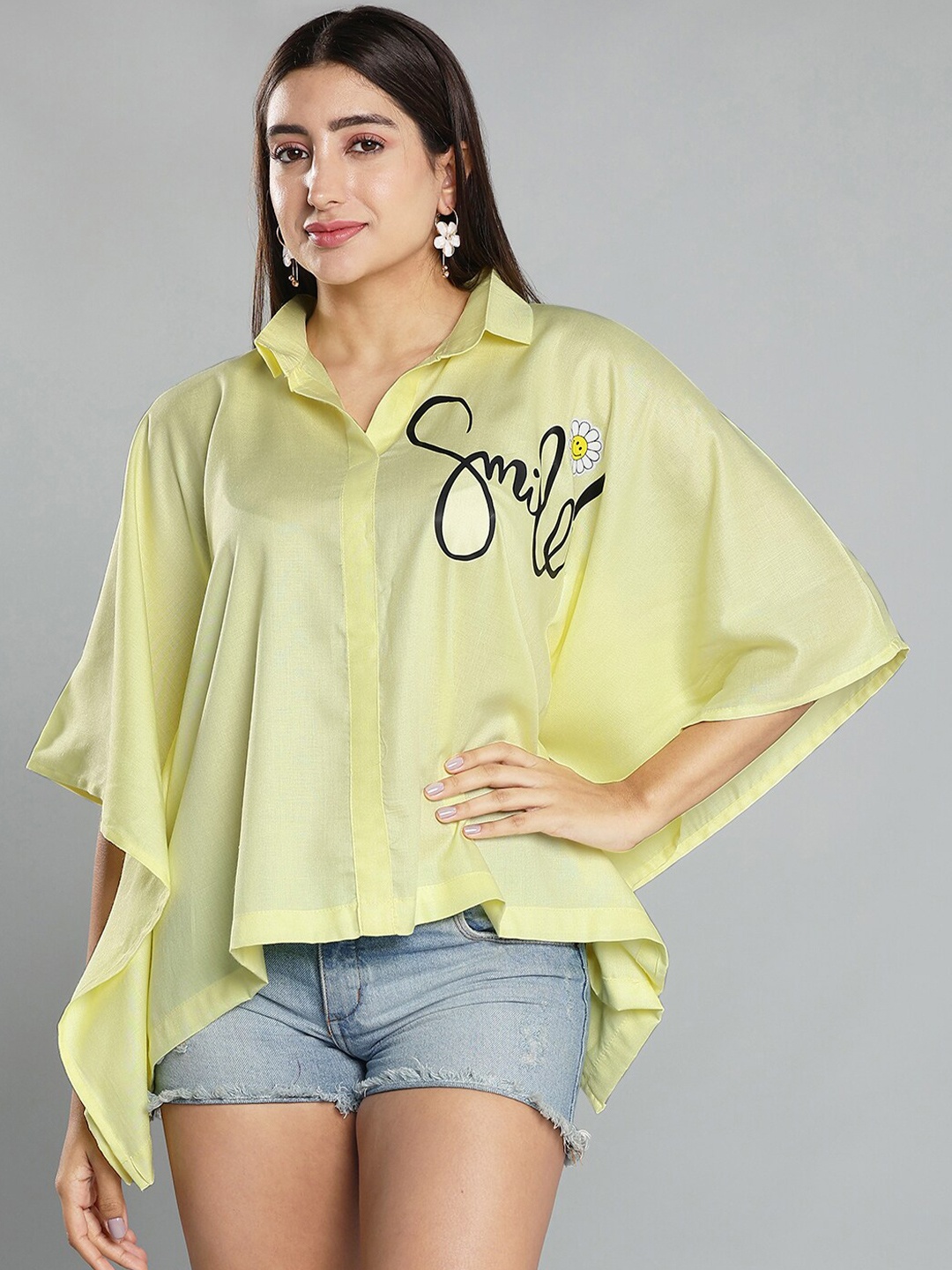 

LetsDressUp Shirt Collar Flared Sleeve Shirt Style Kaftan Top, Yellow