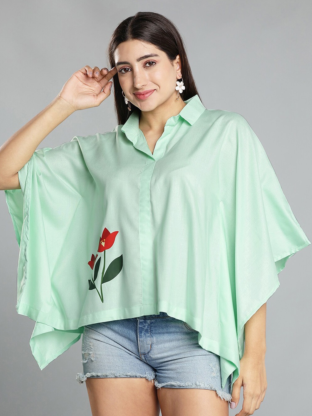 

LetsDressUp Shirt Collar Flared Sleeve Shirt Style Kaftan Top, Green