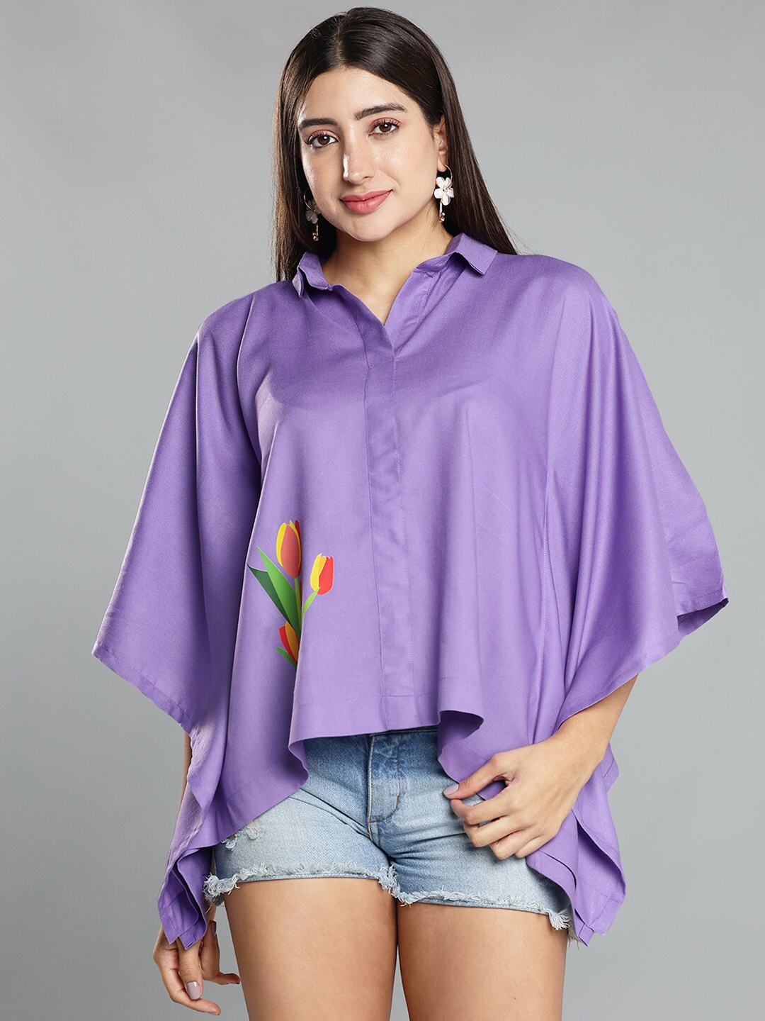 

LetsDressUp Shirt Collar Flared Sleeve Shirt Style Kaftan Top, Lavender