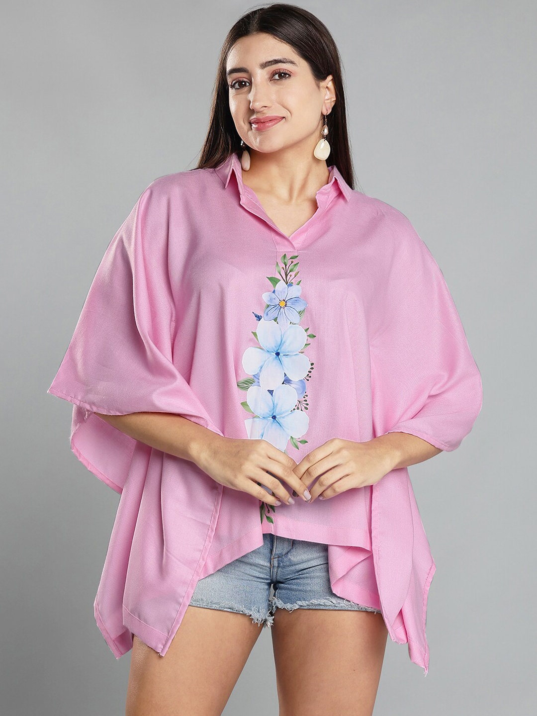 

LetsDressUp Shirt Collar Flared Sleeve Shirt Style Kaftan Top, Pink