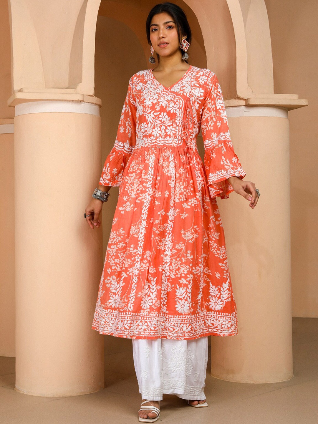 

House of Chikankari Zainab Chikankari Mulmul Angrakha Kurta, Orange