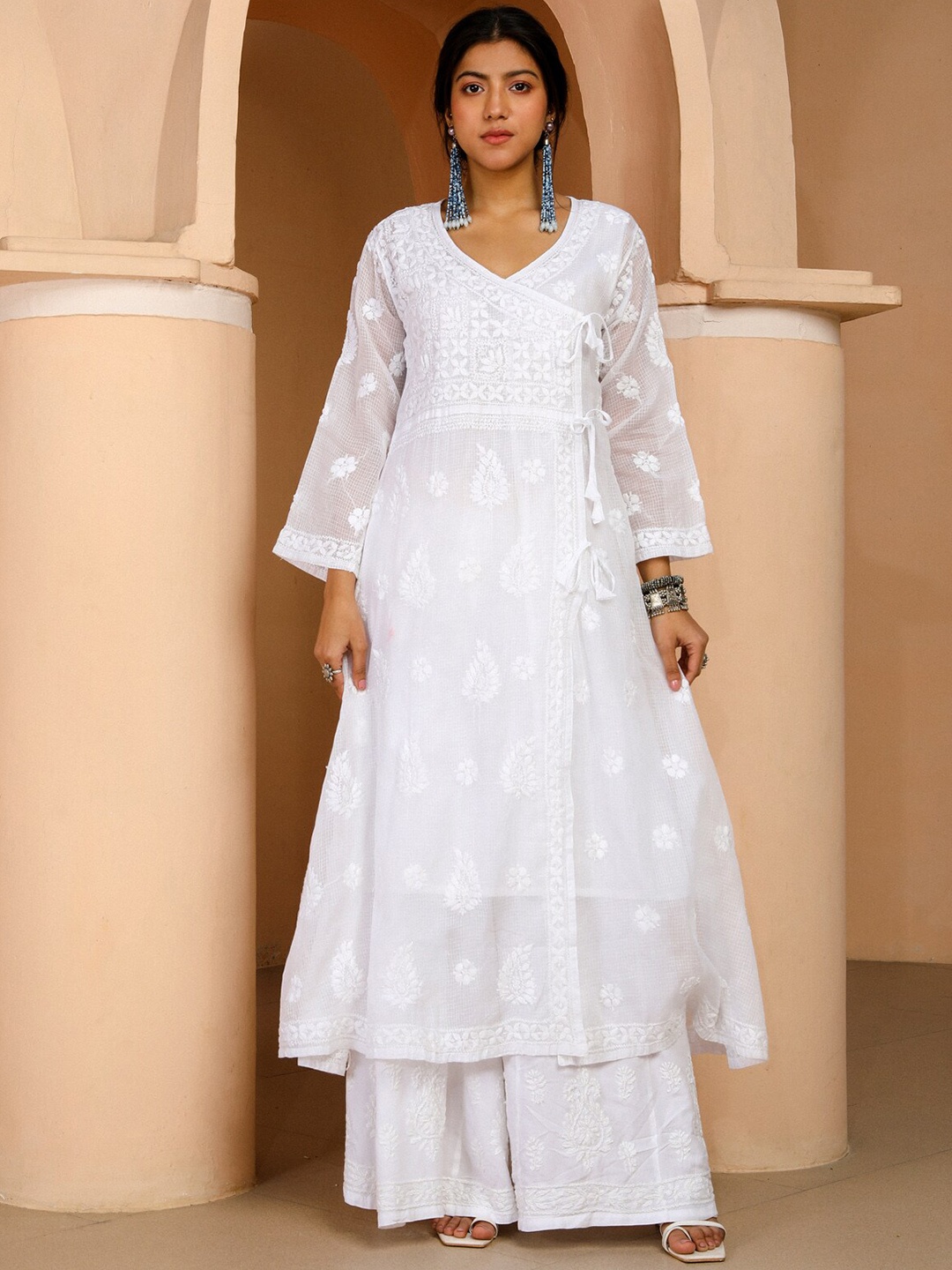 

House of Chikankari Chikankari Woven Angrakha, White