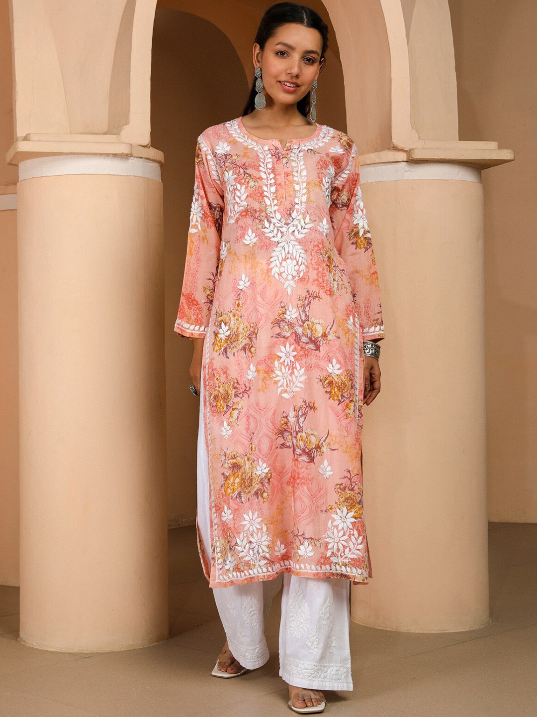 

House of Chikankari Eliza Chikankari Mulmul Straight Kurta, Coral