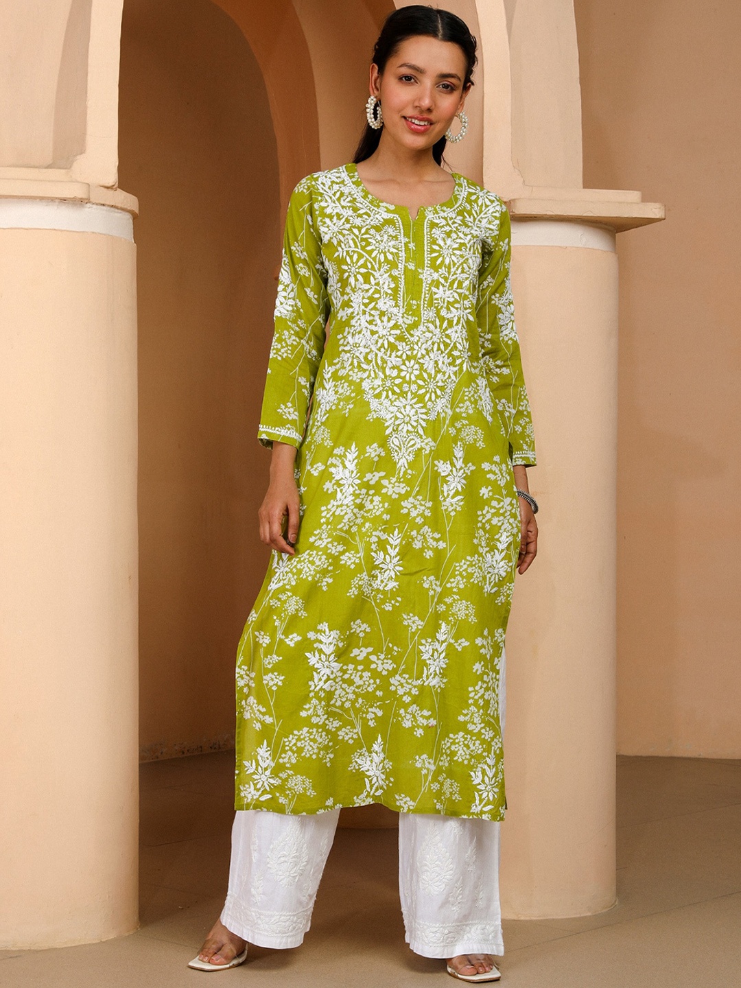 

House of Chikankari Chikankari Printed Kurta, Green