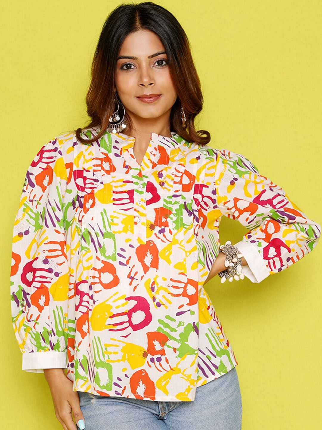 

House of Chikankari Printed Mandarin Collar Cuffed Sleeves Cotton Top, White