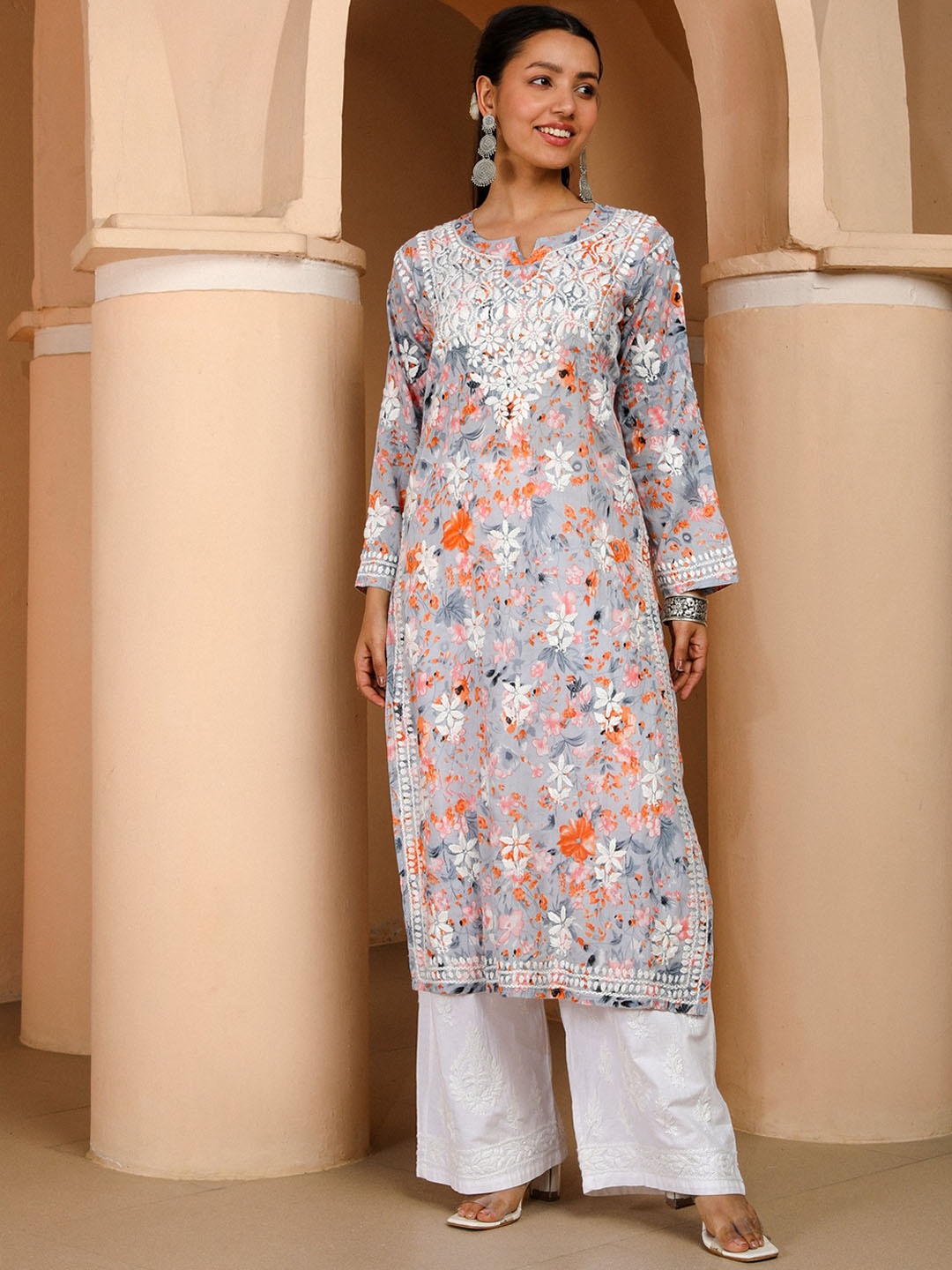 

House of Chikankari Chikankari Printed Kurta, Grey