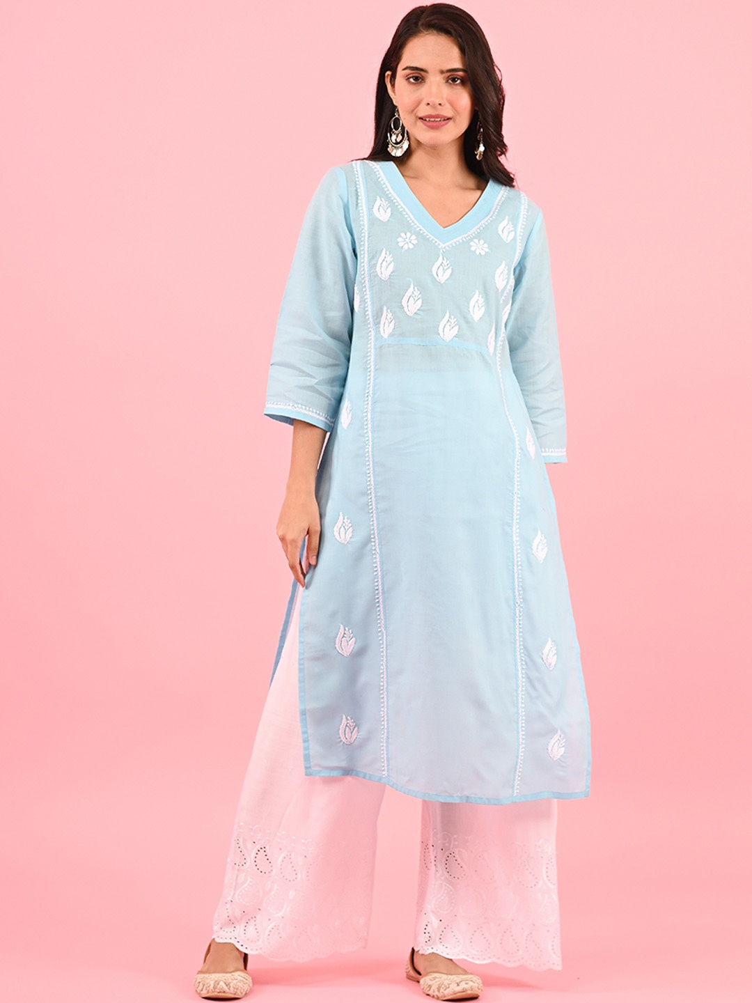 

House of Chikankari Paisley Embroidered Chikankari Cotton Straight Kurta, Blue