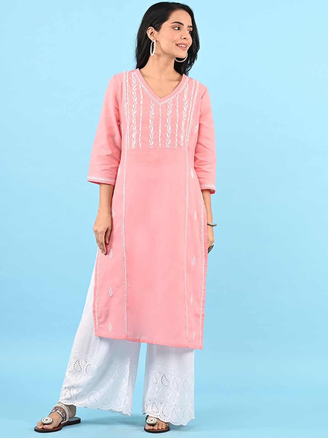 

House of Chikankari V-Neck Cotton Yoke Design Thread Work Straight Kurta, Pink